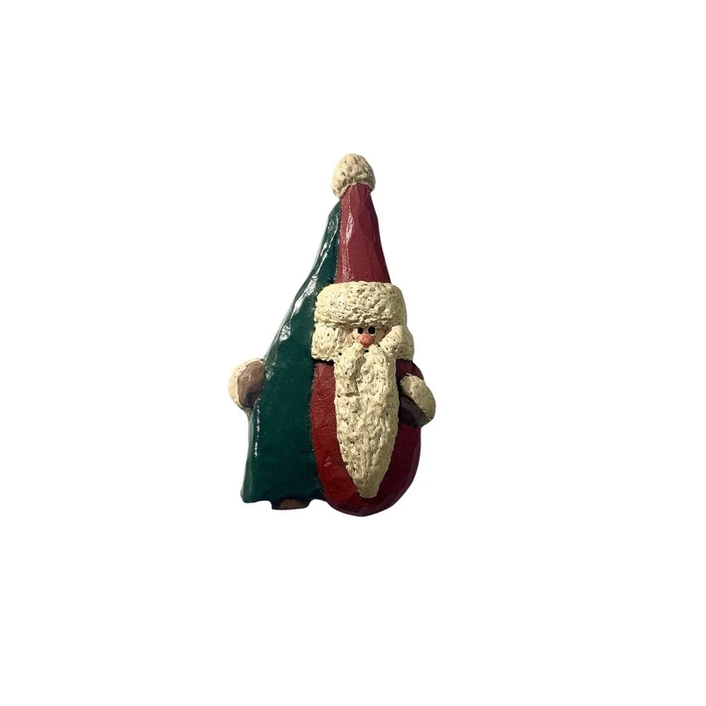 Vintage Handmade Painted Christmas Holiday‎ Santa Holding Spruce Tree Brooch Pin
